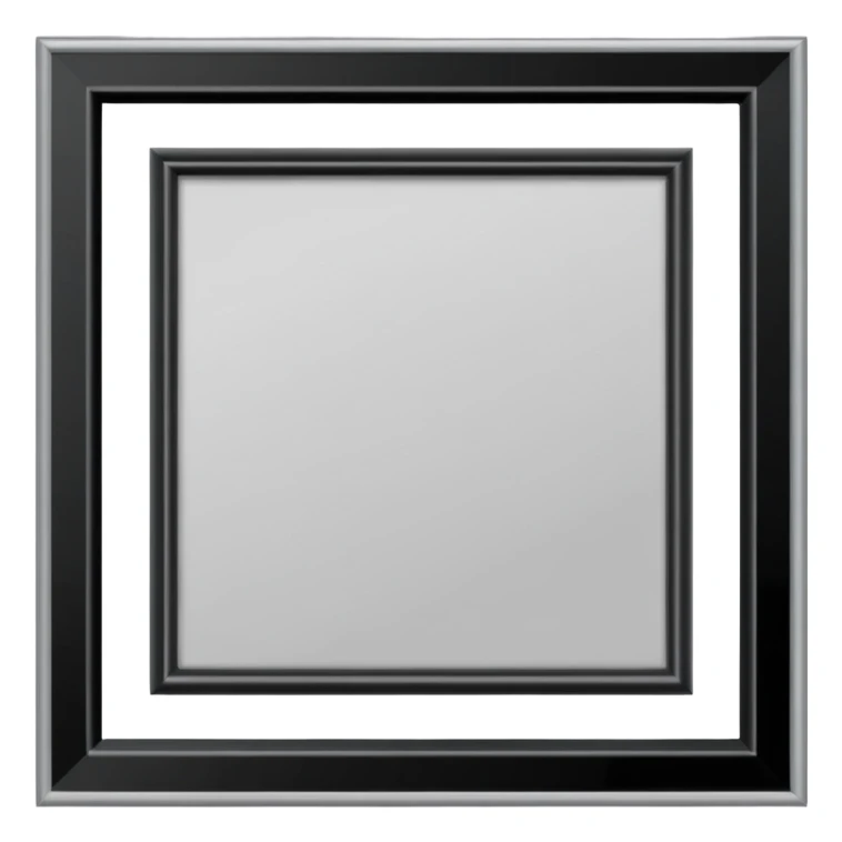 Minimalist emoji-style sticker of an empty rectangular picture frame, with pitch-black center. Clean edges, no texture, grayscale only.
 sticker