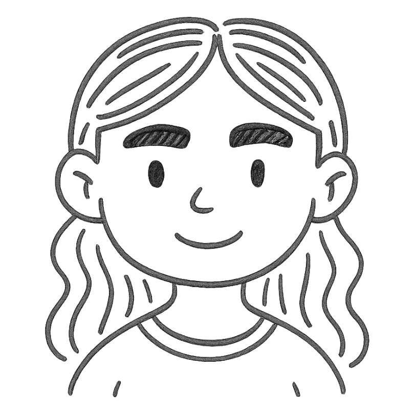 girl with brown hair and thick eyebrows, hand drawn outlined icon sticker