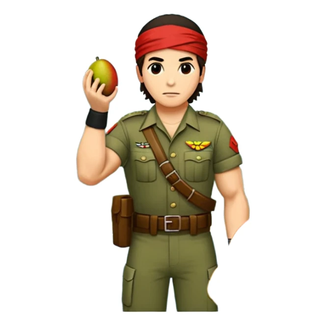 quiero que crees la imange de un Mango con Brazos fuertes y piernas como las de un culturista, que lleve uniforme militar de selva y que tenga pelo largo y una bandana roja en la cabeza como la de rambo y tambien que este en posicion de ataque con una ametralladora pixelart sticker