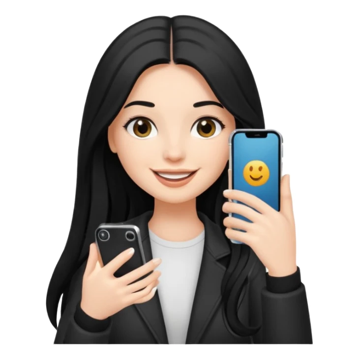 White influencer girl with black long haired, phone in hand, recording herself, confident, trendy, sticker
