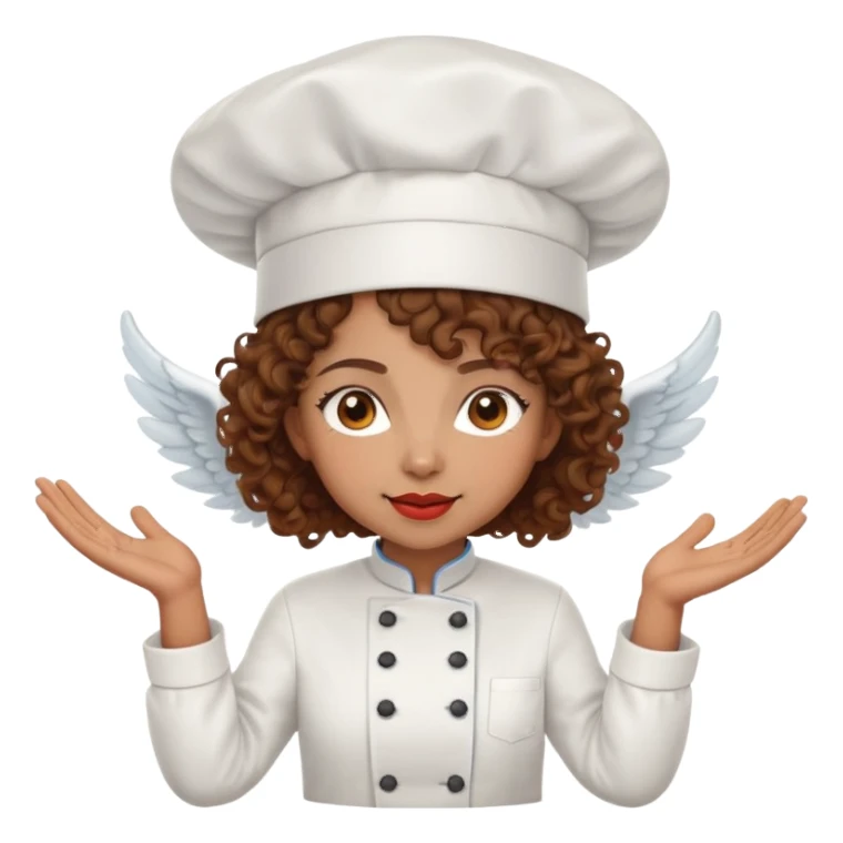 Light brown skinned mixed-race female chef with medium-length curly brown hair, wearing a chef's hat (toque), with both an angel halo and devil horns on her head sticker