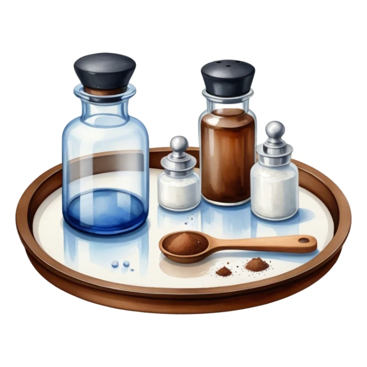Take the colors brown #4E3E37 and blue #CED4D4 Your images should be painted with watercolors. Make an original round tray with oil bottles, glass transparent bottles, with a black lid, salt shaker and pepper shaker-porcelain. sticker