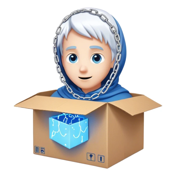 open cardboard box with glowing like they are magical chain links draped outside of. the chains should be white, the box should be open and having a mysterious blue glow hue coming from it. the box should also have a face with kind and excited eyes  sticker