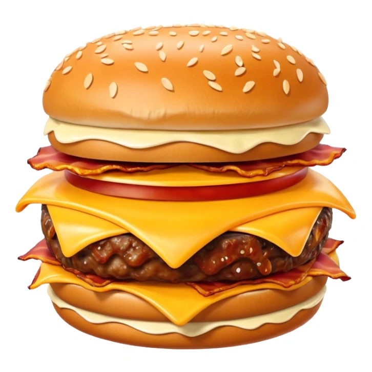 bacon burger object icon, crispy bacon strips, beef patty, melted cheese, sesame bun, 3D cartoon, mobile game icon style, clean background, no text, no watermark
 sticker