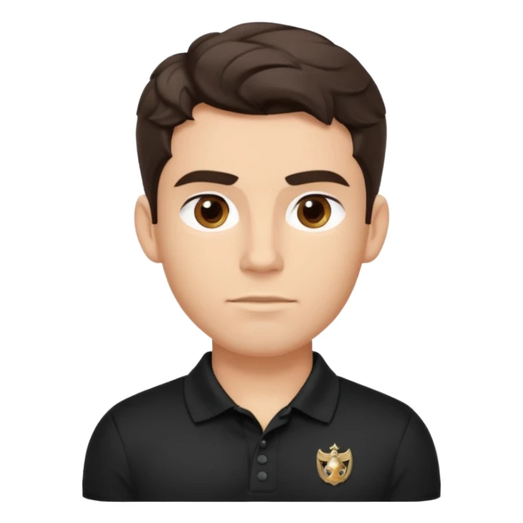 He’s a man with light to medium skin, a defined oval face, full brows, deep-set eyes, and wavy short dark brown tall hair styled with height, sides are trimmed. muscular. expression calm and focused relaxed black polo shirt. polished, articulate, and coach vibe. personal development.  sticker