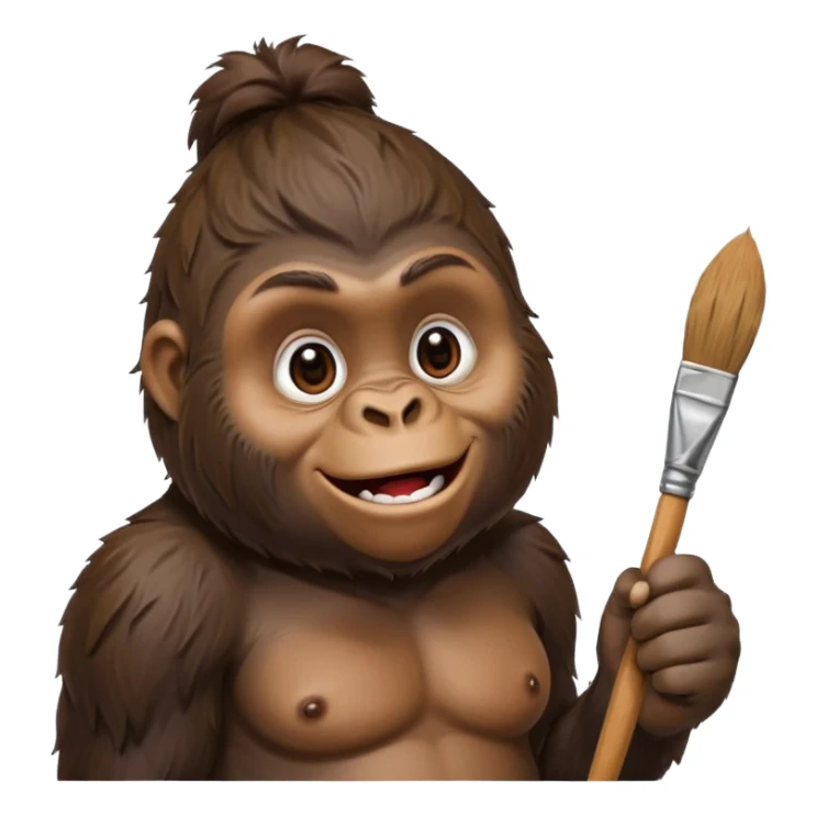 a happy gorilla with a paint brush in his hand. He is looking curiously. sticker