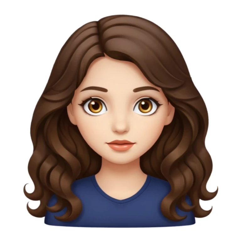 a girl with long wavy brunette hair, hazel eyes, cute make up sticker