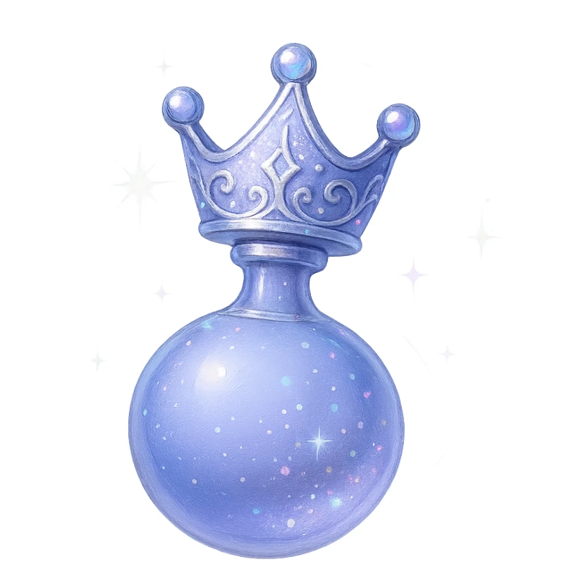 galutinis itin prabangus labai mažas eliksyro buteliukas, įkvėptas karūnos: viršuje karūnos forma, spalva #7986cb, apačia sklandžiai pereina į apvalų, uždarą buteliuką (ne plokščia, ne stiklinė), visas buteliukas atrodo tarsi sklandytų ir suktųsi ore, elegantiškos sidabrinės ir holografinės detalės, magiški švytėjimai ir blizgesiai, labai mažas kaklelis, vientisa apvali apačia, skaidrus fonas, be pagrindo ar šešėlio, modernus, kolekcijai tinkamas, dar mažesnės proporcijos sticker