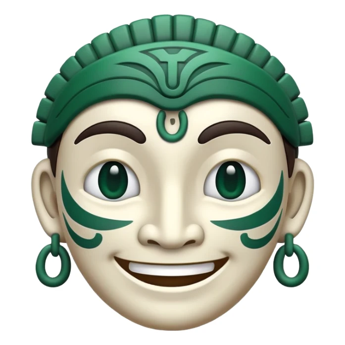 Elegant Mayan face smiling emoji with expressive features, minimalist design, only pure white and dark green colors sticker