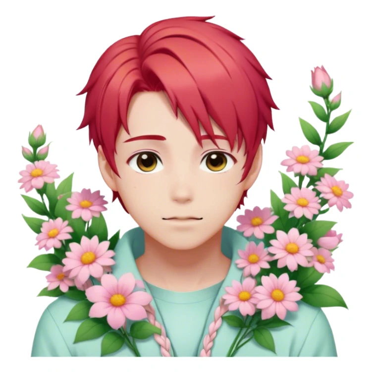 Gorgeous pastel red hair with a thin braid on the side anime style shojo guy with blushing face and flowers aesthetic trending style outside sticker