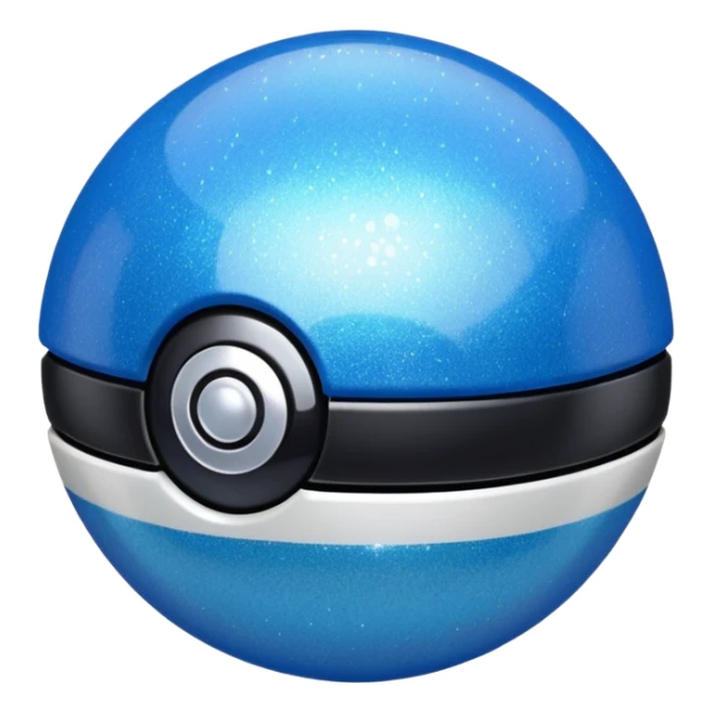 blue pokeball emoji, top half is a more saturated blue, bottom half is white, black stripe, with a white sheen, with a pearlescent finish, with a glitter effect sticker