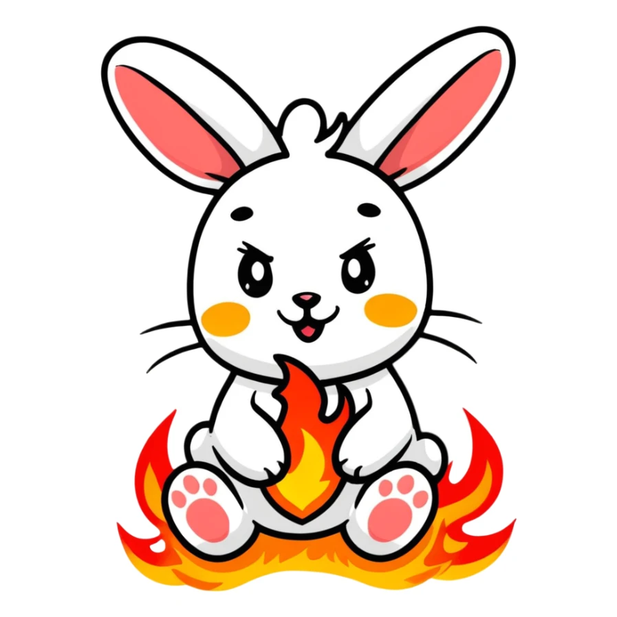 Adorable bunny with fire paws, flames burning from feet, cute happy face sticker