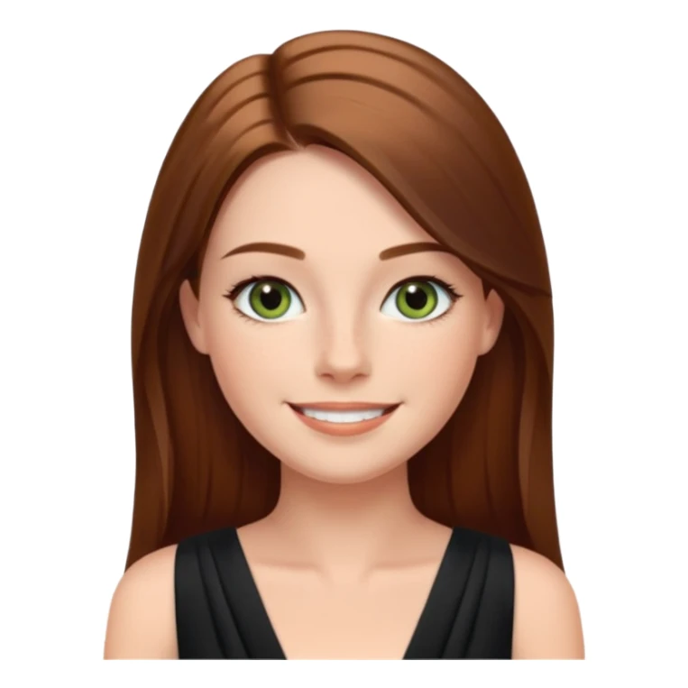 confident CEO named Freya McOmish, smiling, hazel green eyes, straight long hair parted in the middle, subtle freckles, broad shoulders, wearing a black evening dress sticker