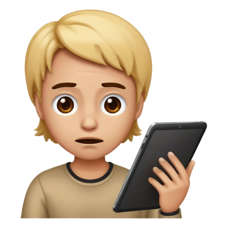 emoji holding and drawing on tablet using a stylus, looking down at screen in frustration sticker