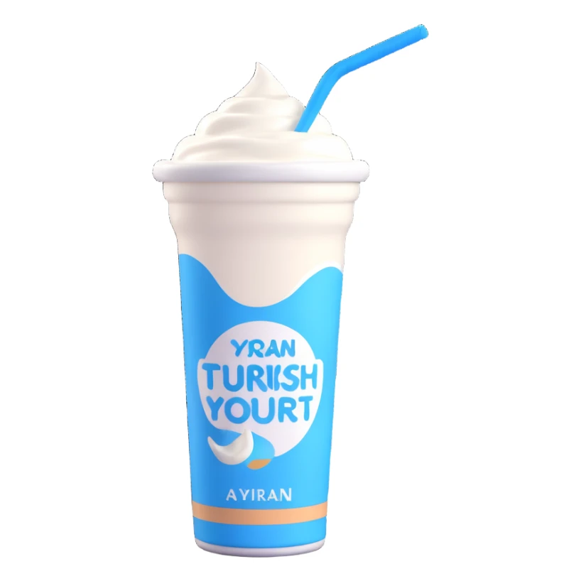 A small carton of Turkish yogurt drink (ayran) with a straw, white and blue packaging sticker