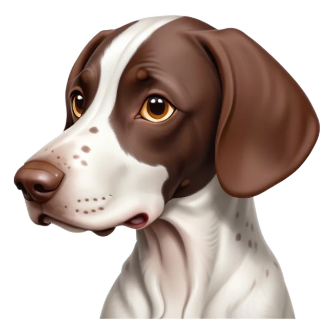 Cinematic Cute German Pointer Portrait Emoji, Head tilted playfully and inquisitively, showcasing a smooth liver and white coat with a healthy sheen, round, sparkling brown eyes filled with curiosity, Simplified yet irresistibly adorable features, highly detailed, glowing with a warm, friendly glow, high shine, affectionate and spirited, stylized with a touch of whimsy, bright and endearing, soft glowing outline, capturing the essence of a mischievous yet loving companion, so playful it feels like it could dash out of the screen and into your arms! sticker