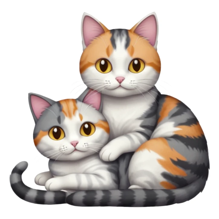 two cats in love, a colourful light patched calico + white tabby cat cuddling a bigger cat that is dark grey and white tabby cat sticker