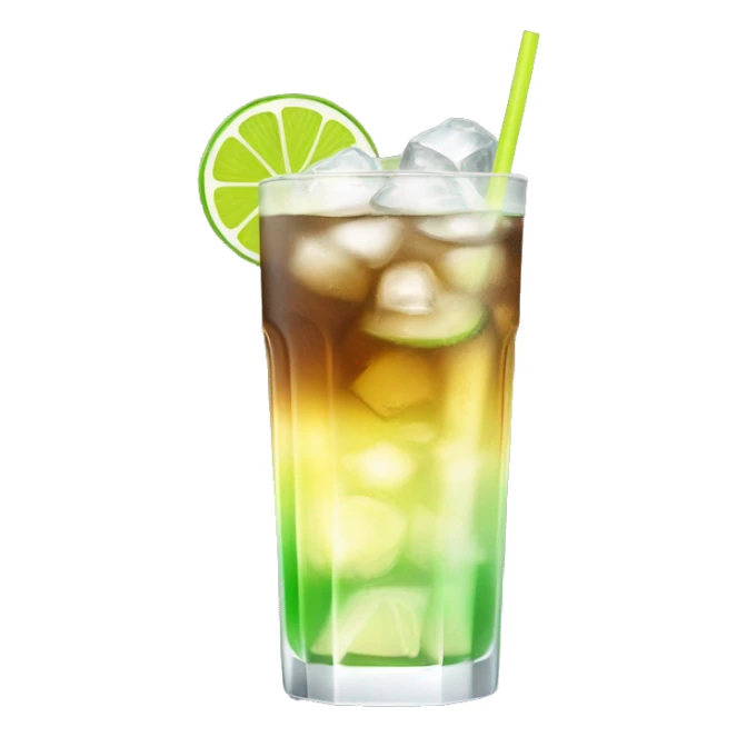 a tall and thin highball cocktail with 2 colors, brown on the bottom and light yellow on top with thin crush ice and a straw, juste one drink, clear separation between colors, lime on top sticker