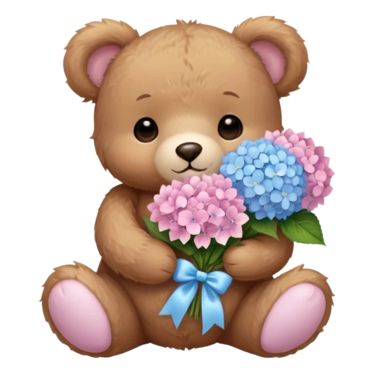 light brown teddy bear super cute holding a light pink and light blue bouquet of hydrangeas sticker