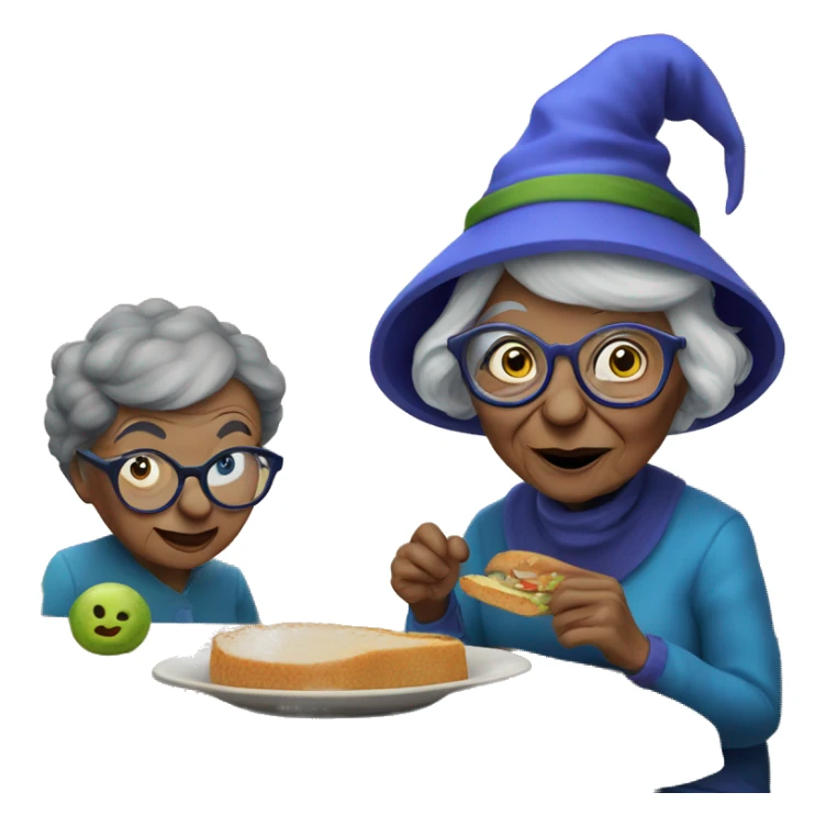 smart granny witch with glasses and blue hat lunching with friends sticker