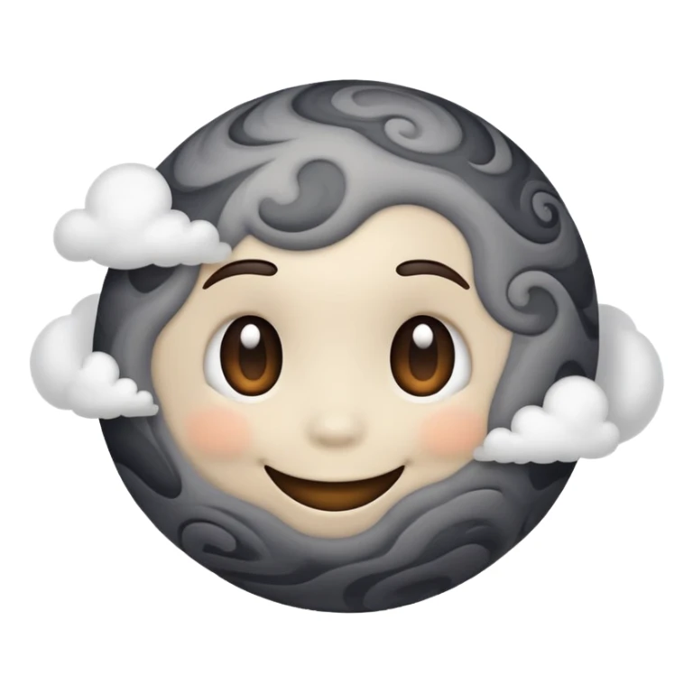 dark gray planet with smoky swirls and clouds with a cute smiling face sticker