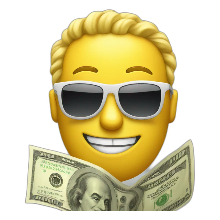 Yellow emoji with sunglasses and holding a 100 dollar bill  sticker
