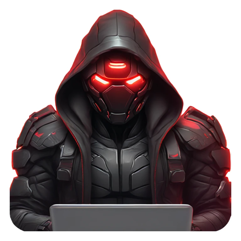 developer behind his laptop with this style : crysis Cyberpunk Valorant neon glowing bright red character dark red black hooded assassin themed character sticker
