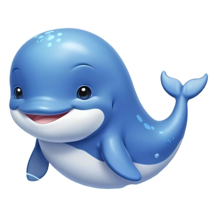 Cinematic happy baby whale, chubby rounded body, tiny smiling face, soft pastel blue hues, gentle glowing waves around, joyful and soothing. sticker