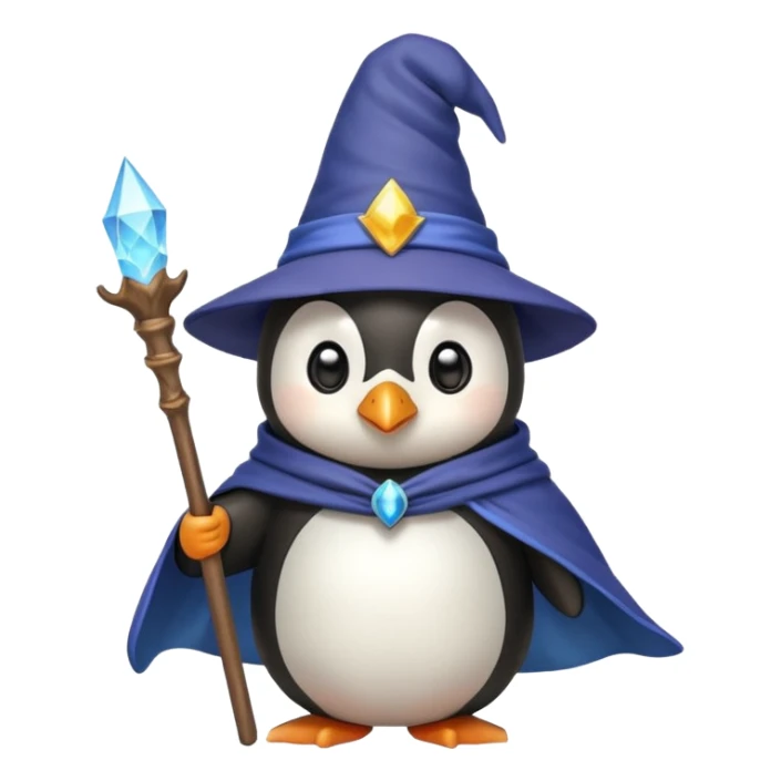 cute penguin holding a staff wearing a wizard cloak and hat, emoji style sticker