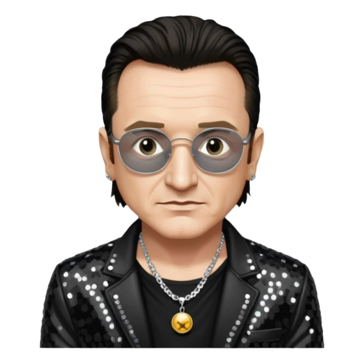 Bono from U2 with black sequin jacket, silver necklace sticker