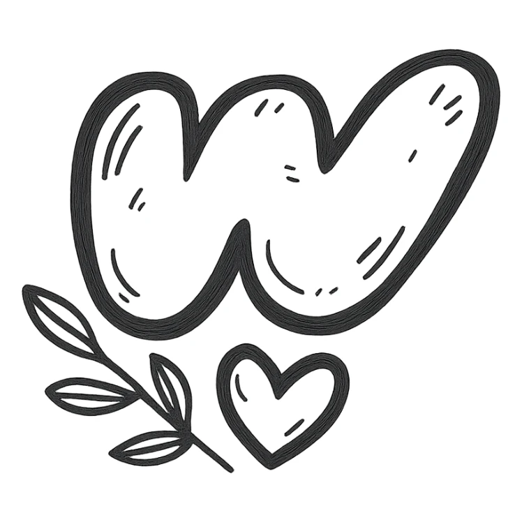 plump juicy Wattpad logo 'w' with bold outline, stylized shadows and highlights, leafy branch and heart at the base of the logo sticker