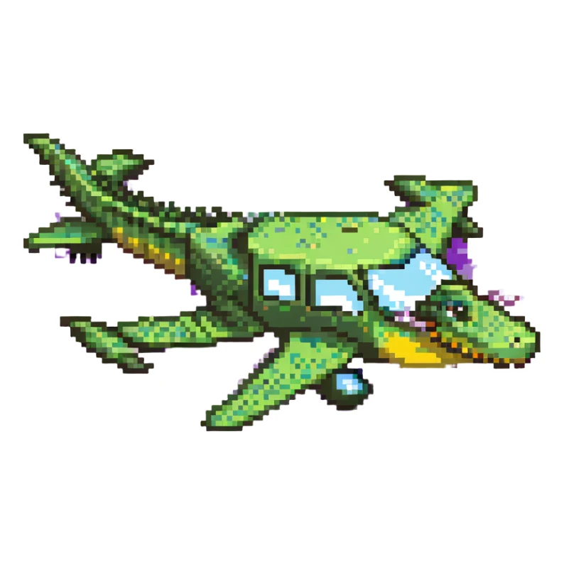 cartoon crocodile-airplane hybrid, side view, green and yellow colors sticker