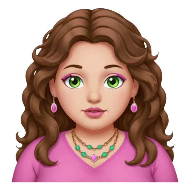Brown wavy long hair, light green eyes, nose ring, plus size, pink girly sticker