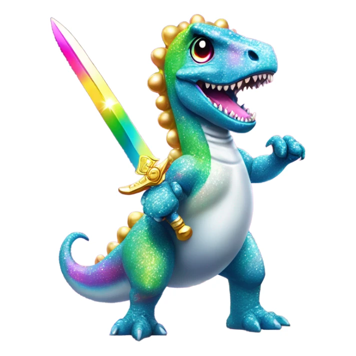 Lisa frank glitter rainbow cute dinosaur with sword and pearls sticker