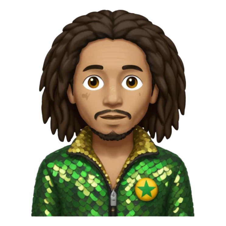 Bob Marley with long dark brown hair, olive sequin outfit sticker