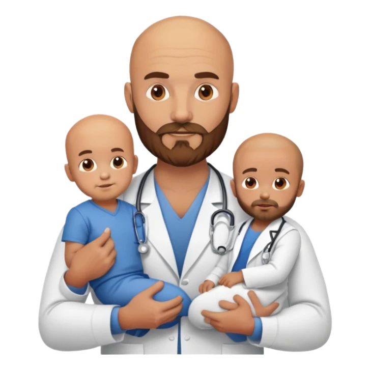 Muscular bald doctor with brown beard holding 3 sons sticker