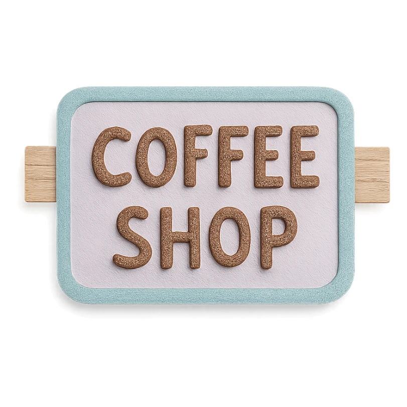 pastel wood signboard with 'Coffee Shop' text, hand-drawn style sticker