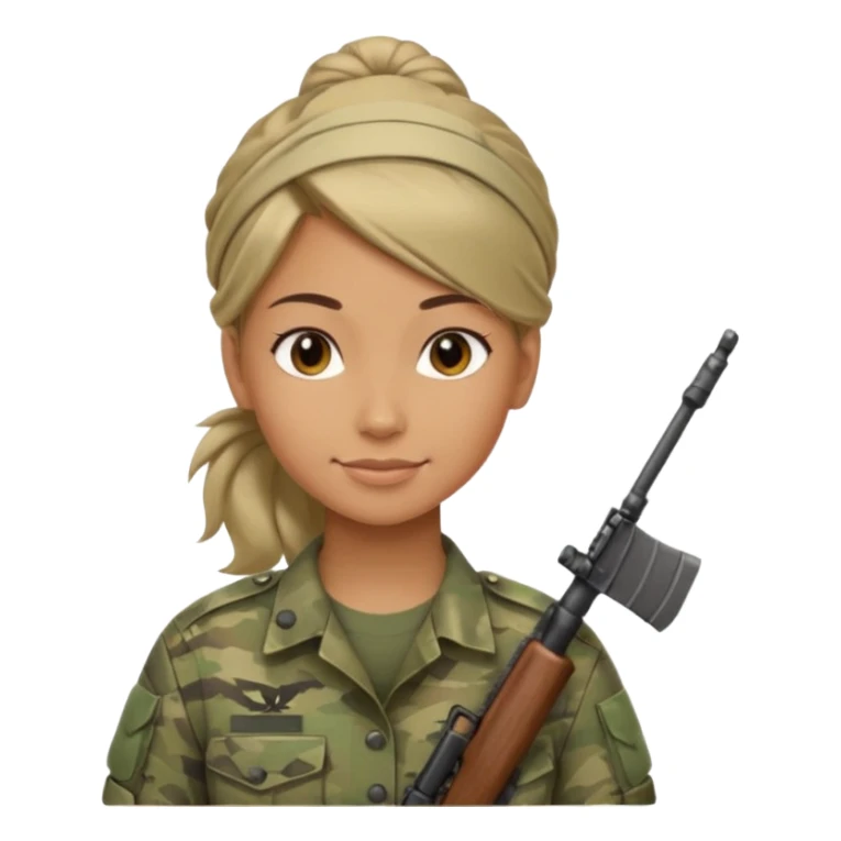 Apple emoji look — female soldier, no cap/helmet, bust, neutral smile, generic camo shirt, hair tied back, soft gradients, no weapon sticker