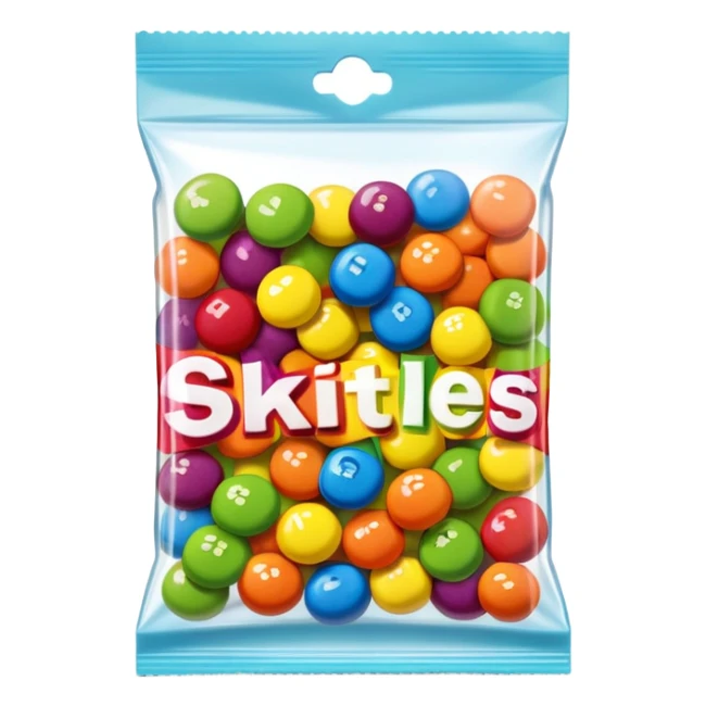 A Skittles candy package with multiple pieces of transparent tape holding it closed, rainbow colored packaging, minimalist style sticker