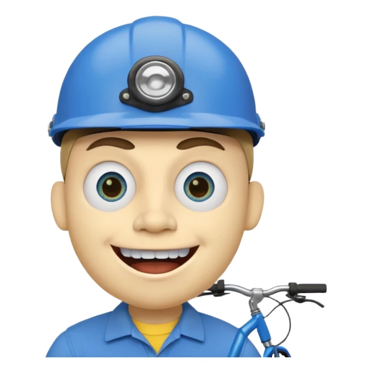 A round head puppet with 2 buck teeth a blue bike helmet and a round nose with a pencil in it also he has a unibrow and blue eyes and a yellow shirt that says jeffy sticker
