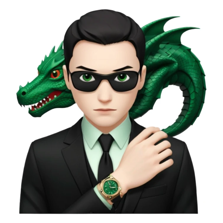 mysterious scenery: green audemars piguet watch (without text), black bugatti, and a dark green dragon, and a mysterious agent from The Matrix sticker