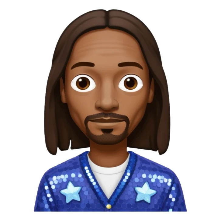 Snoop Dogg with long dark brown hair, periwinkle sequin outfit sticker