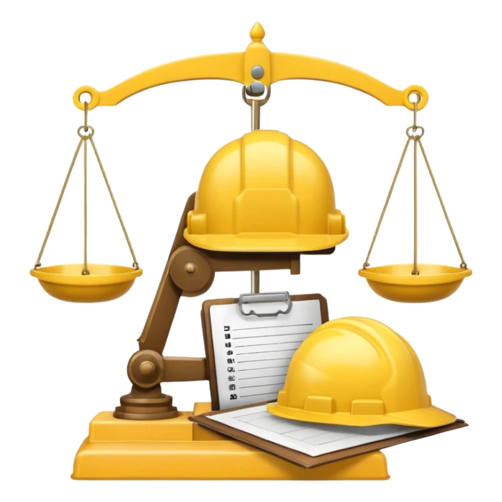 Image of a justice scale with a construction helmet on one side and a folder on the other. sticker