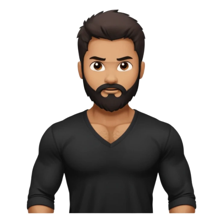 generate a pretty bratz Shahid kapoor with heavy beard and looking angry.
Make him wear a black full sleeve v neck tshirt. muscular but still lean
He shoudl look like shahid kapoor sticker