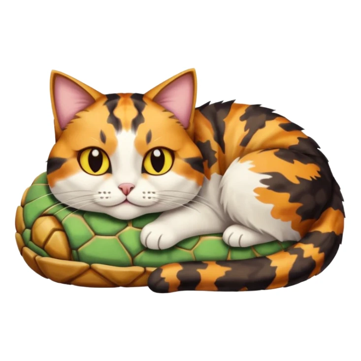Tortious shell cat loafing and laying with tonge out with yellow eyes sticker