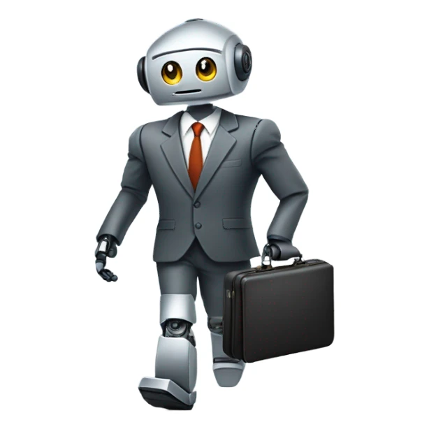 Robot with a business suit and briefcase walking into work with message “living the dream” sticker