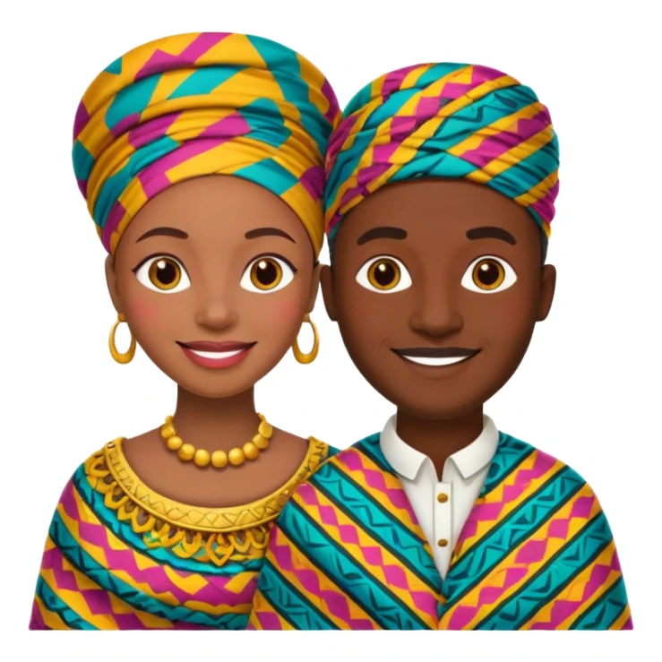 African parents in colorful patterned African attires, smiling, emoji style sticker