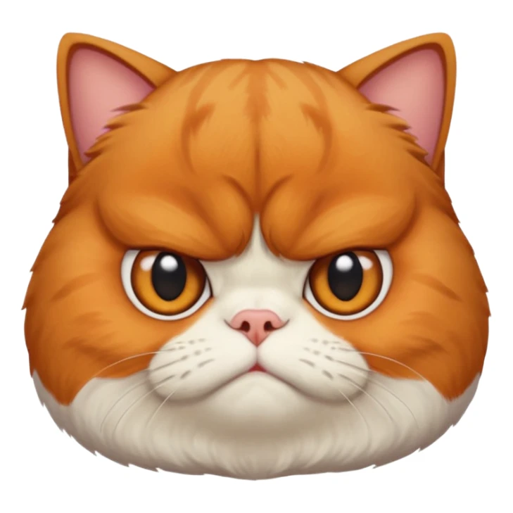 貓咪特徵強調
 
品種/臉型： 以**加菲貓（Garfield cat）或異國短毛貓（Exotic Shorthair）**為原型。
面部特徵： 強調扁臉（Flat face）、極度厭世的表情（Extremely grumpy/grumpy/displeased expression）、深深的皺眉（Deeply furrowed brow）、以及大眼睛（Large eyes）。
毛髮： 擁有雙層、蓬鬆的長毛（Double-coated, fluffy long fur）。 sticker