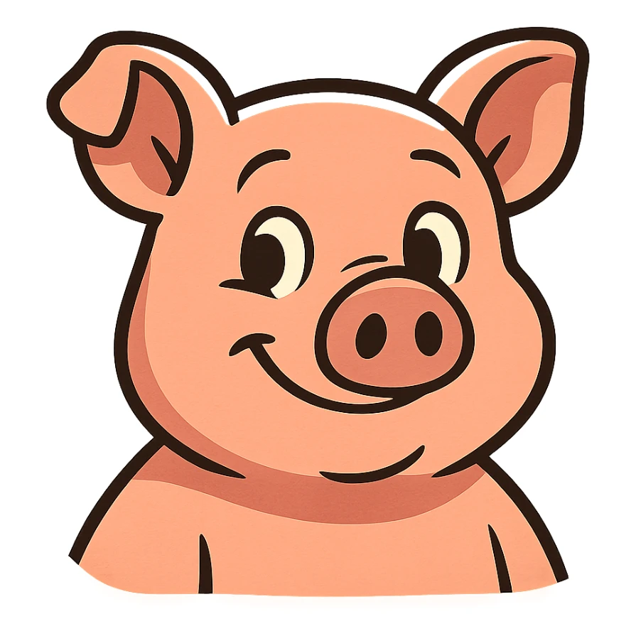 cute app icon featuring a friendly and inviting pig, simple and memorable design, suitable for an animal study application sticker