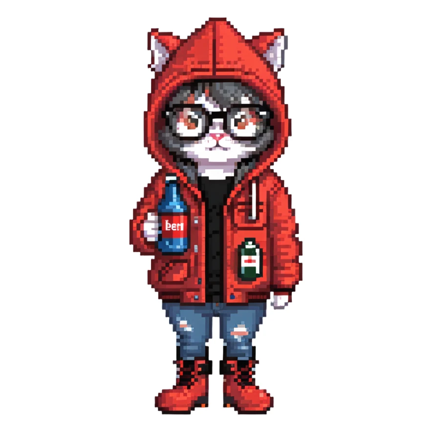 Catfish wearing red hooded winter jacket, round glasses, blue jeans, red boots, holding beer can with red label sticker